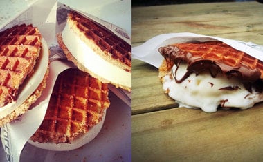 Food truck mistura waffle holandês, gelato e calda de chocolate em uma única sobremesa